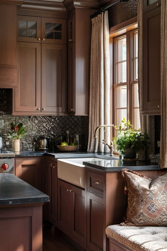 A kitchen with brown cabinets and a mix of textures, including smooth countertops, textured backsplashes, and various fabric elements for curtains and cushions, creating a dynamic space