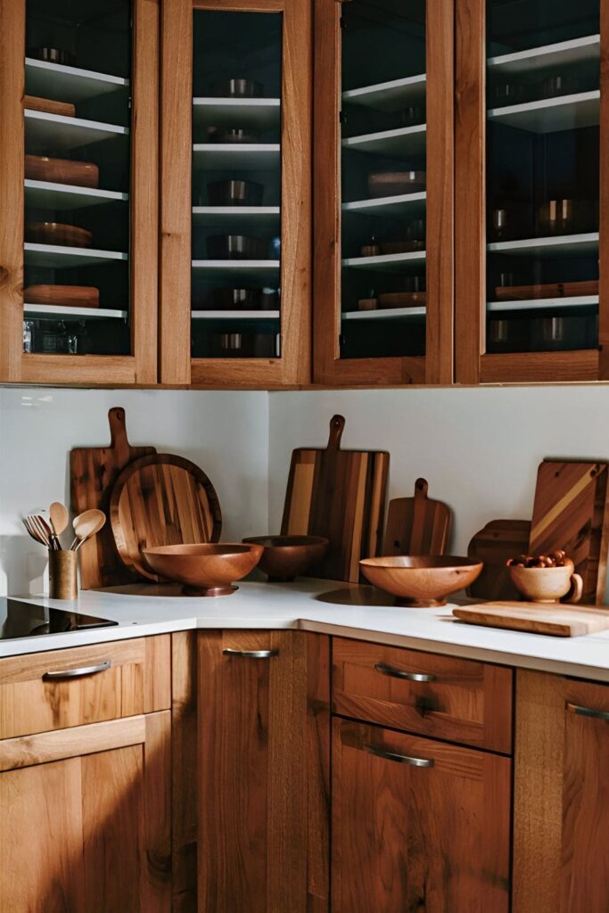 A kitchen with brown cabinets and additional wooden accessories, including cutting boards, bowls, and utensil holders, enhancing the warm atmosphere