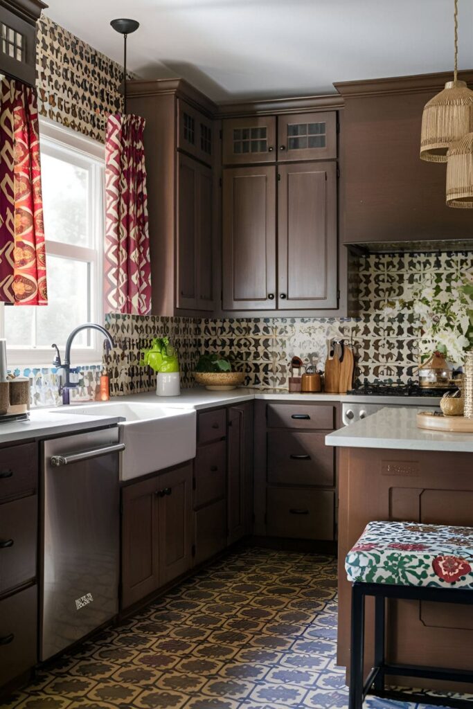 A kitchen with brown cabinets and bold patterns in elements like curtains, seat cushions, or a patterned tile backsplash, adding visual interest and complementing the color scheme