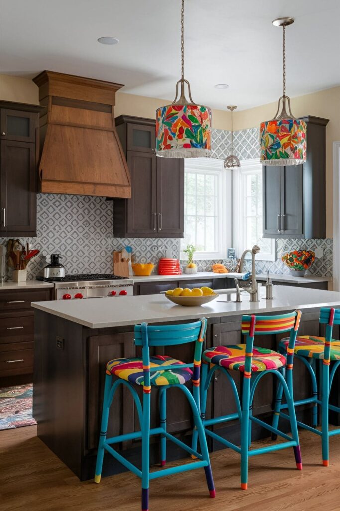 A kitchen with brown cabinets and bright accents, such as colorful bar stools, a vibrant piece of artwork, or bright kitchen towels, creating focal points and adding energy to the space