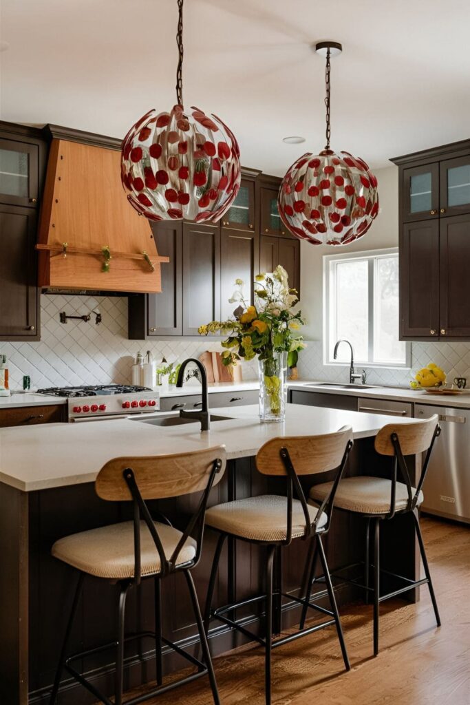 A kitchen with brown cabinets and unique light fixtures, such as pendant lights over the island or a chandelier above the dining table, serving as eye-catching focal points