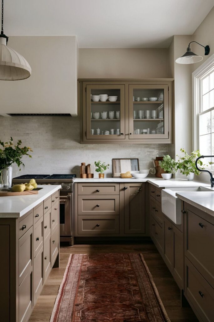 A kitchen with brown cabinets and walls painted in soft neutral tones like beige, soft gray, or creamy white, creating a calming backdrop