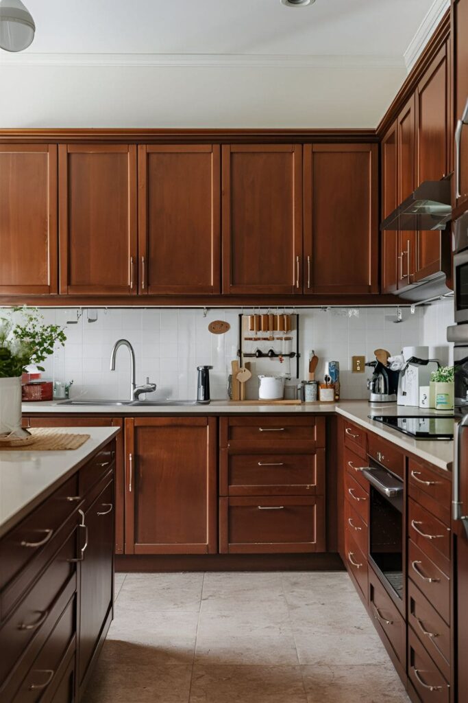 A kitchen with brown cabinets that is clean and clutter-free, with tidy surfaces showcasing the beauty of the cabinets