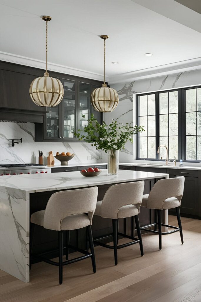 A luxurious marble kitchen island paired with plush, upholstered stools, showcasing a sophisticated, upscale look