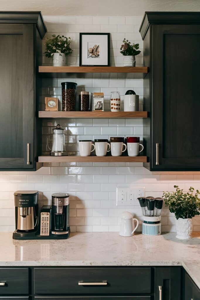 A mini coffee station with coffee beans, mugs, and accessories arranged above kitchen cabinets, creating a cozy vibe