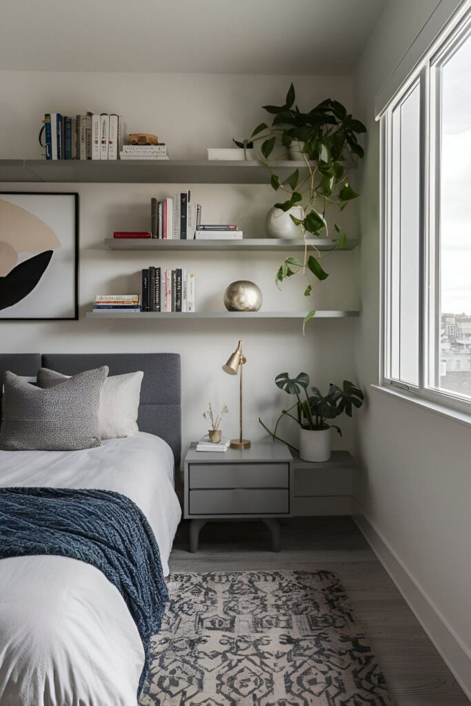 A modern bedroom with floating shelves showcasing decor, books, and plants, adding storage and display space