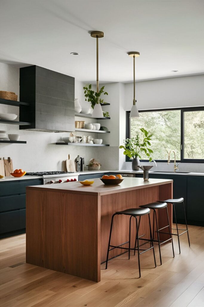 A modern, floating kitchen island mounted on the wall without touching the floor, paired with minimalist stools