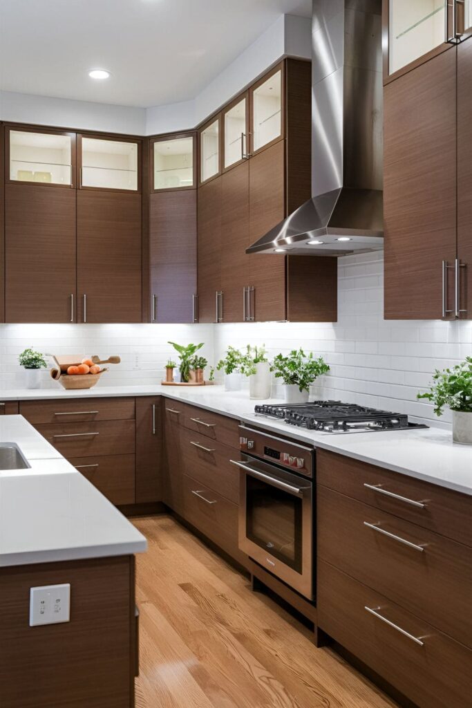 A modern kitchen showcasing rich brown cabinets paired with sleek, white quartz countertops, creating a bright and clean look