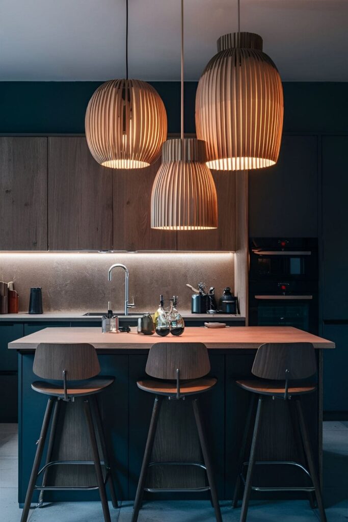 A modern kitchen with pendant lights featuring intricately designed cardboard shades, creating a warm and diffused lighting effect