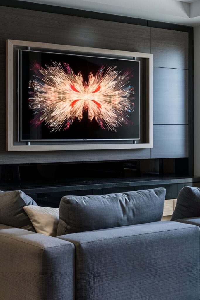 A modern living room with a floating frame TV above a stylish gray couch. The TV is framed to look like a piece of art, displaying beautiful digital art when not in use