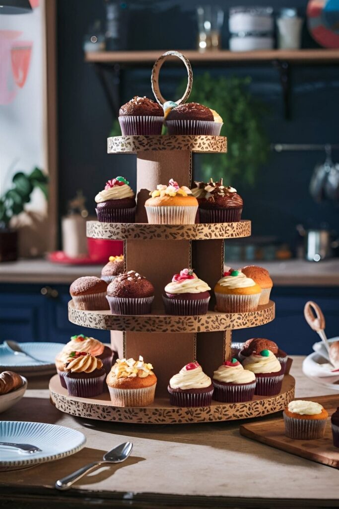 A multi-tiered cardboard cupcake stand, beautifully decorated, displaying a variety of cupcakes and pastries in a kitchen or dining setting