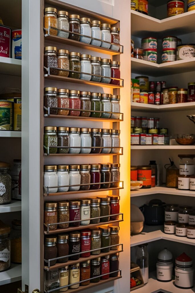 A pantry door featuring a built-in spice rack with neatly arranged and labeled spices, providing easy access and organization for cooking essentials