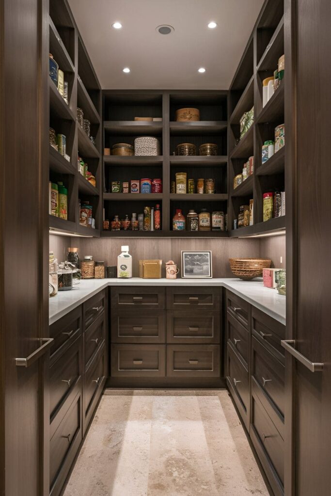 A pantry with recessed lighting that brightens the space and highlights the neatly organized shelves and items, adding sophistication and visibility