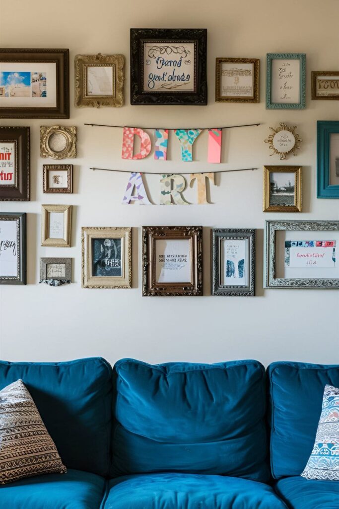 A personalized living room with family photos and DIY art hanging above a comfy blue couch. The wall displays a variety of frames and personal items, creating a warm atmosphere