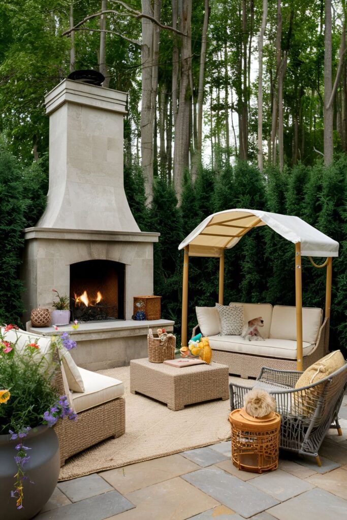 A pet-friendly area near a fireplace with furniture, toys, and a sheltered spot, ensuring pets can enjoy the outdoor space