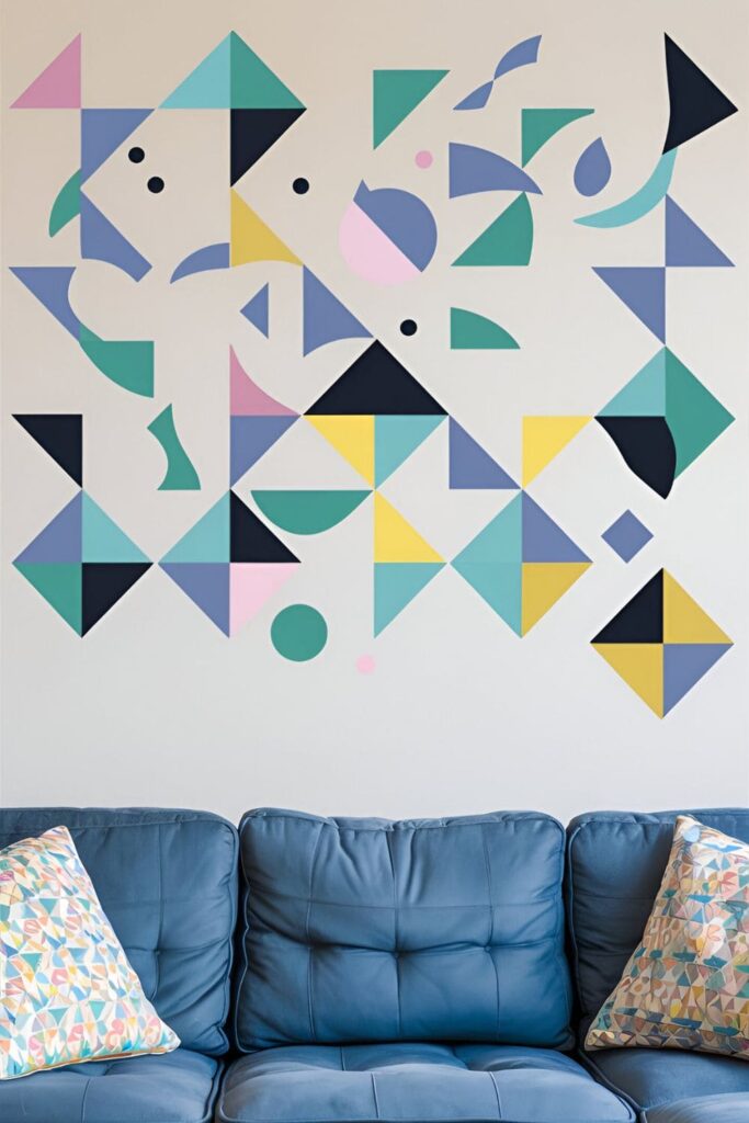 A playful living room with geometric wall decals in various pastel colors above a cozy blue couch. The decals create an interesting and fun pattern