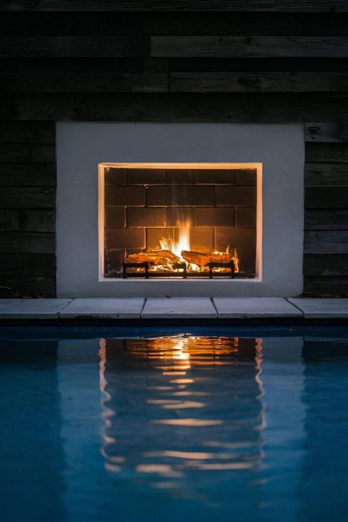 A reflecting pool near a fireplace, with water reflecting the firelight, creating a serene and calming atmosphere