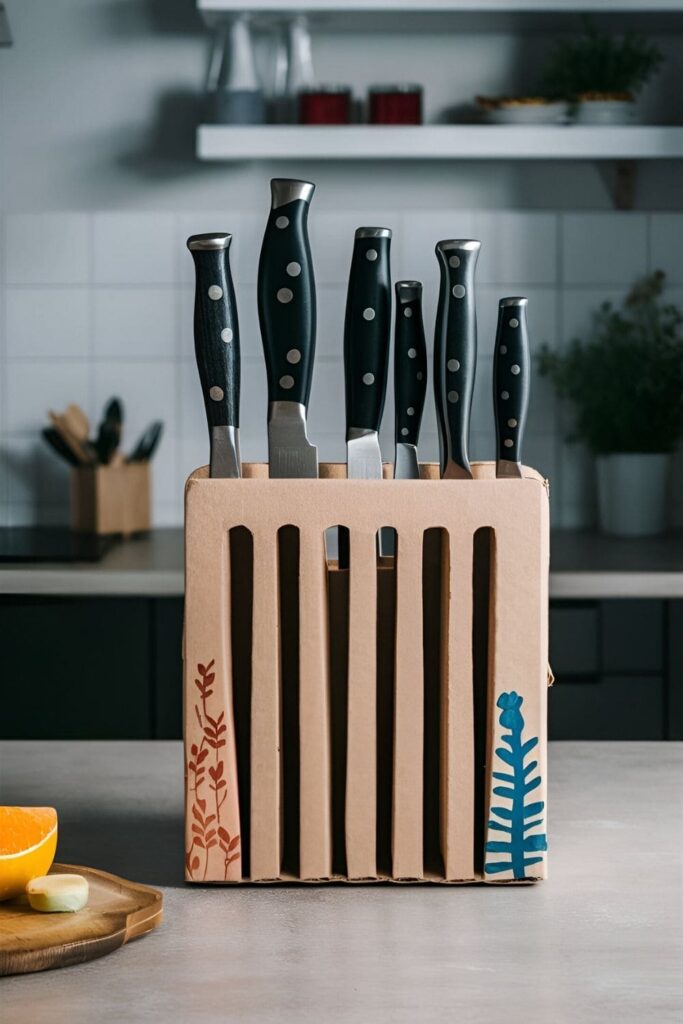 A safe and stylish cardboard knife holder with slots for each knife, decorated to match the kitchen’s theme, displayed on a countertop