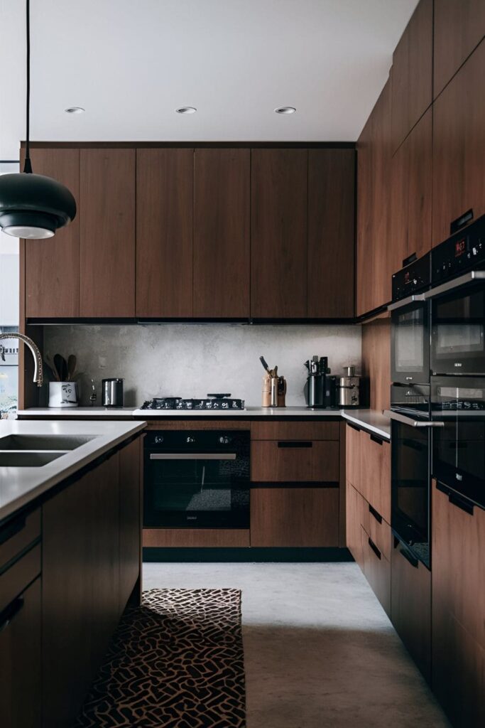 A sleek kitchen with brown cabinets and dark appliances, such as black or stainless steel, creating a modern and sophisticated look