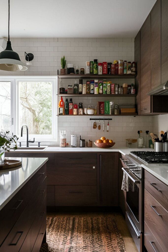 A small kitchen with a wall-mounted pantry, showing shelves or cabinets attached to the wall, providing extra storage for spices, dry goods, and small kitchen tools