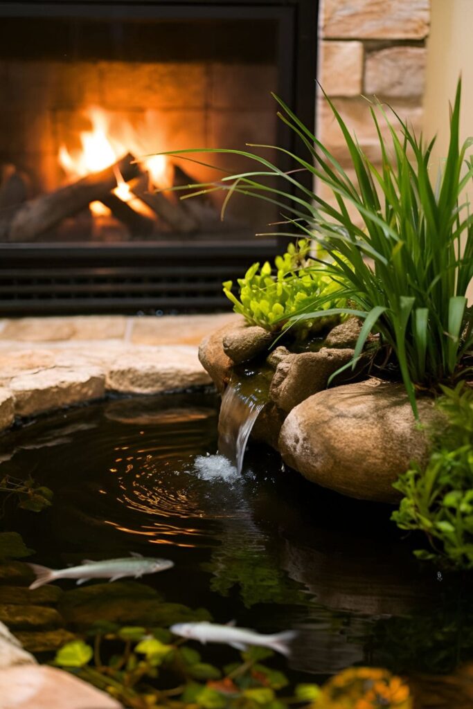 A small pond near a fireplace, featuring fish, plants, and a small waterfall. The sound of water complements the warmth of the fire, creating a peaceful and calming element