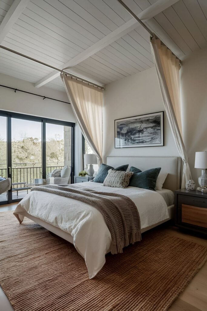 A spacious bedroom with curtains hung close to the ceiling, creating the illusion of taller ceilings and a more open room