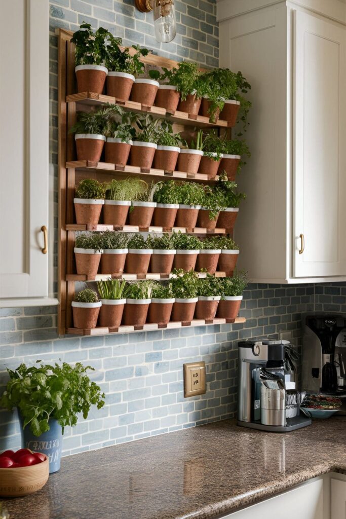 A spice rack in a kitchen repurposed as a vertical garden, with small pots of herbs replacing the spices