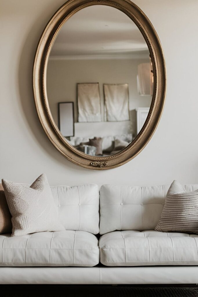 A stylish living room with a large, ornate mirror hanging above a contemporary white couch. The mirror has a gold frame and reflects light, enhancing the room's spaciousness