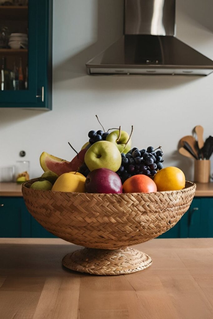 A stylish, woven cardboard fruit bowl filled with a colorful assortment of fruits, placed on a kitchen counter or dining table