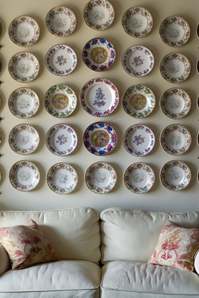 A traditional living room with a collection of decorative plates arranged in a pattern above a soft cream couch. The plates feature colorful and intricate designs