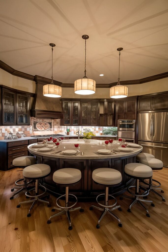 A unique circular kitchen island encouraging interaction among seated individuals, featuring swivel stools for flexibility and comfort