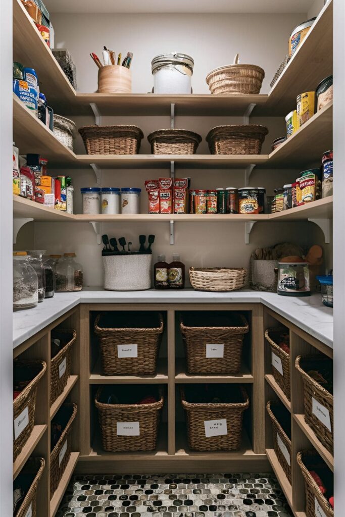 A well-organized pantry with a clear labeling system, including labeled shelves, bins, and containers, making it easy to find and return items