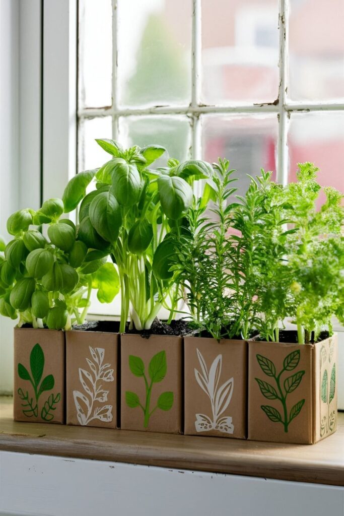 A windowsill or countertop herb garden with small, decorated cardboard containers holding various fresh herbs like basil, parsley, and mint