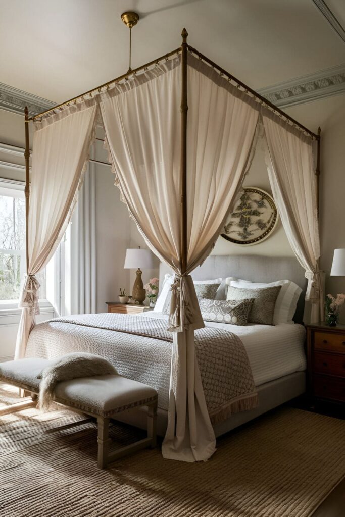 An elegant bedroom featuring a canopy bed draped in light, airy fabrics creating a cozy and intimate space