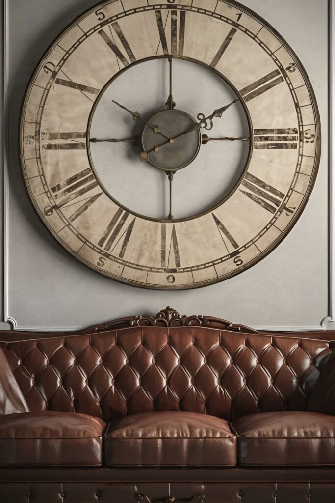 An elegant living room with a large, vintage wall clock hanging above a luxurious leather couch. The clock adds a touch of timeless style to the space