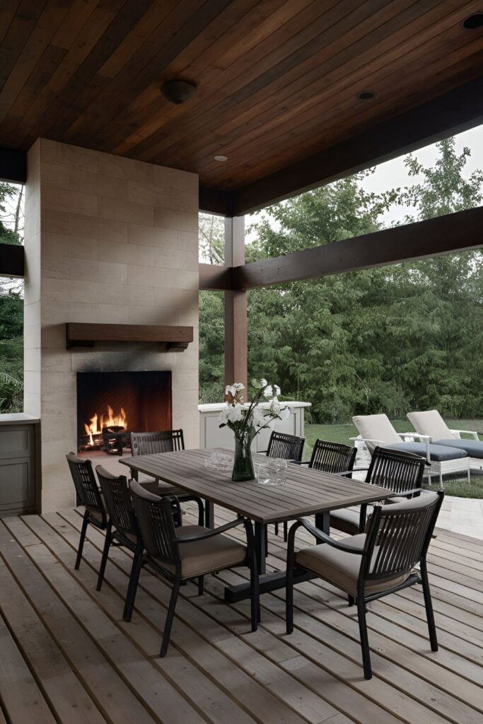 An outdoor dining area with a table and chairs next to a fireplace, perfect for meals and entertaining guests