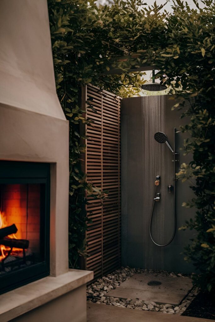 An outdoor shower next to a fireplace, featuring a privacy screen and green foliage, offering a refreshing and warm space