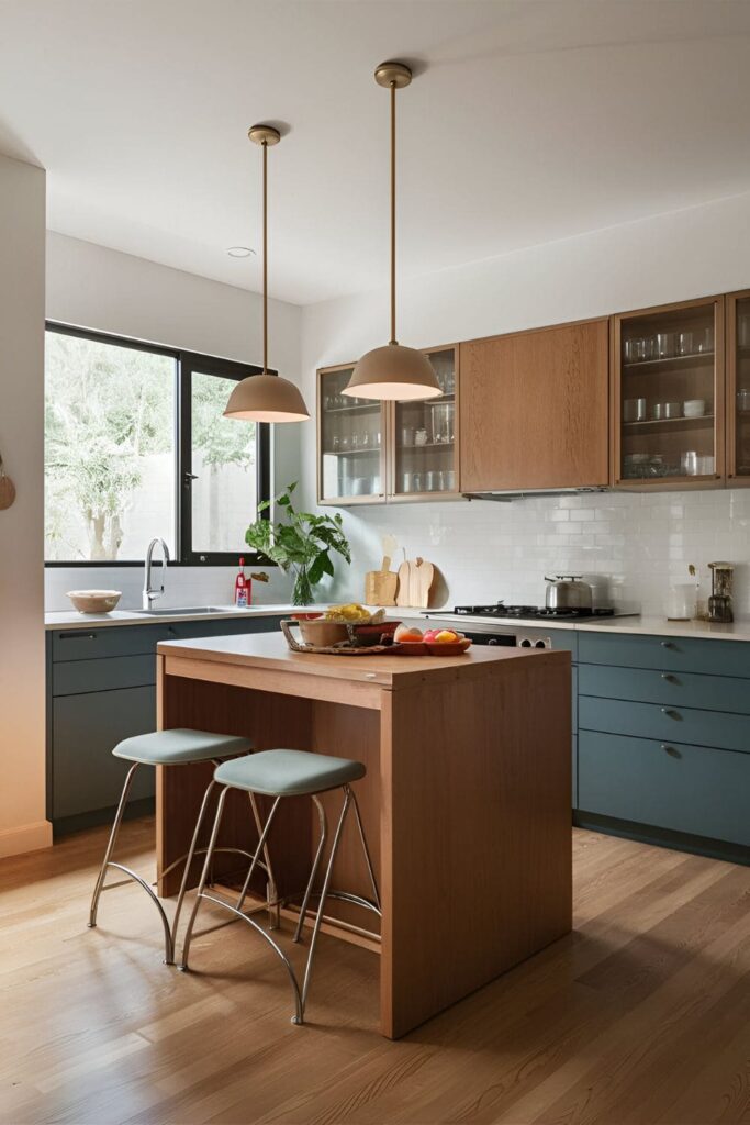 An ultra-compact kitchen island that can be folded out when needed and stored away to save space, with lightweight, stackable stools