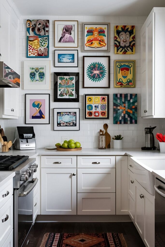 Artistic kitchen with white cabinets and gallery wall with colorful art pieces