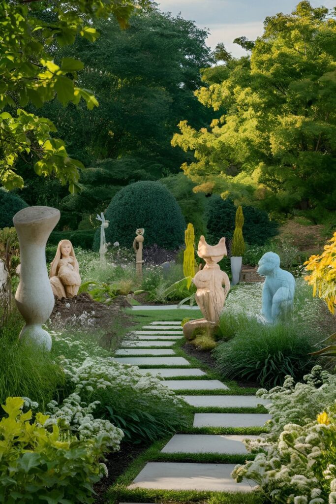 Beautifully landscaped garden with various artistic sculptures reflecting personal style, serving as focal points among the plants