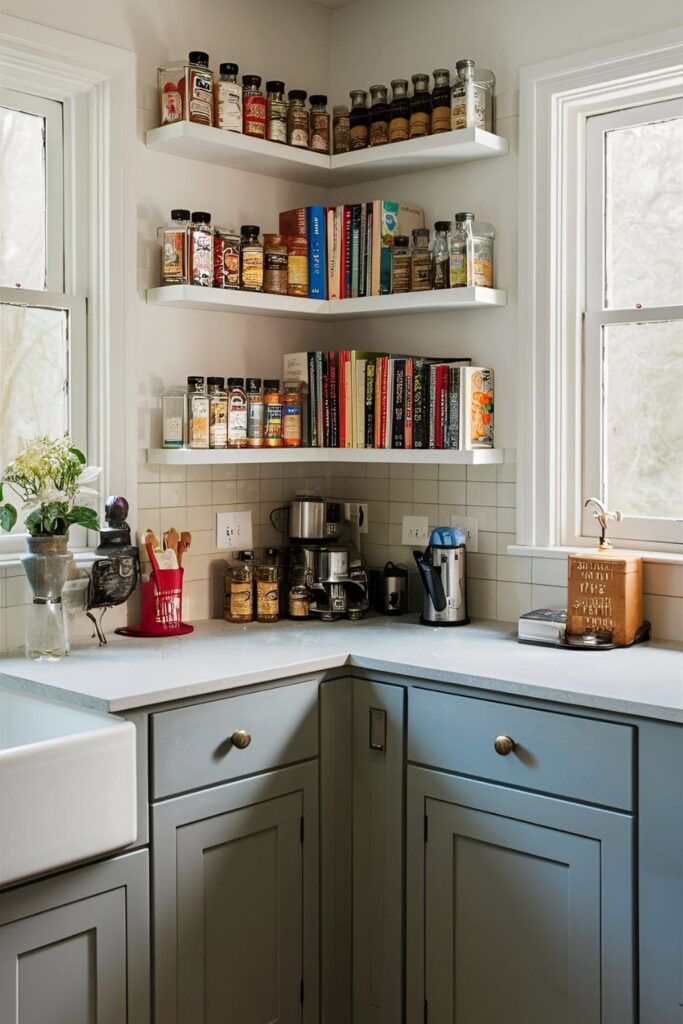 Bright kitchen utilizing corner shelves to store spices and cookbooks, maximizing the use of space