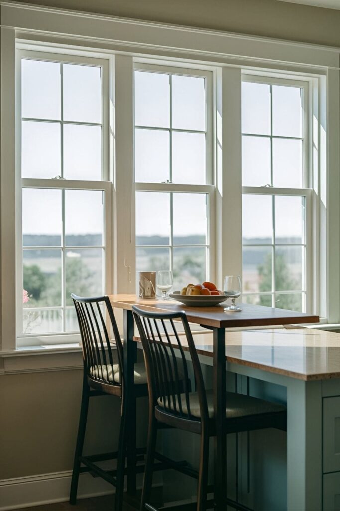 Bright kitchen with a breakfast bar positioned by a large window with a scenic view and natural light flooding the space