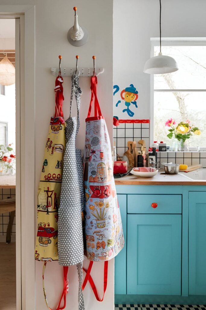 Bright kitchen with aprons in fun prints and patterns hanging on a hook