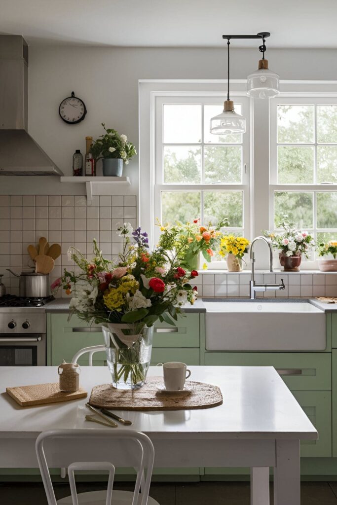 Bright kitchen with fresh or faux floral arrangements on the table, counter, and windowsill