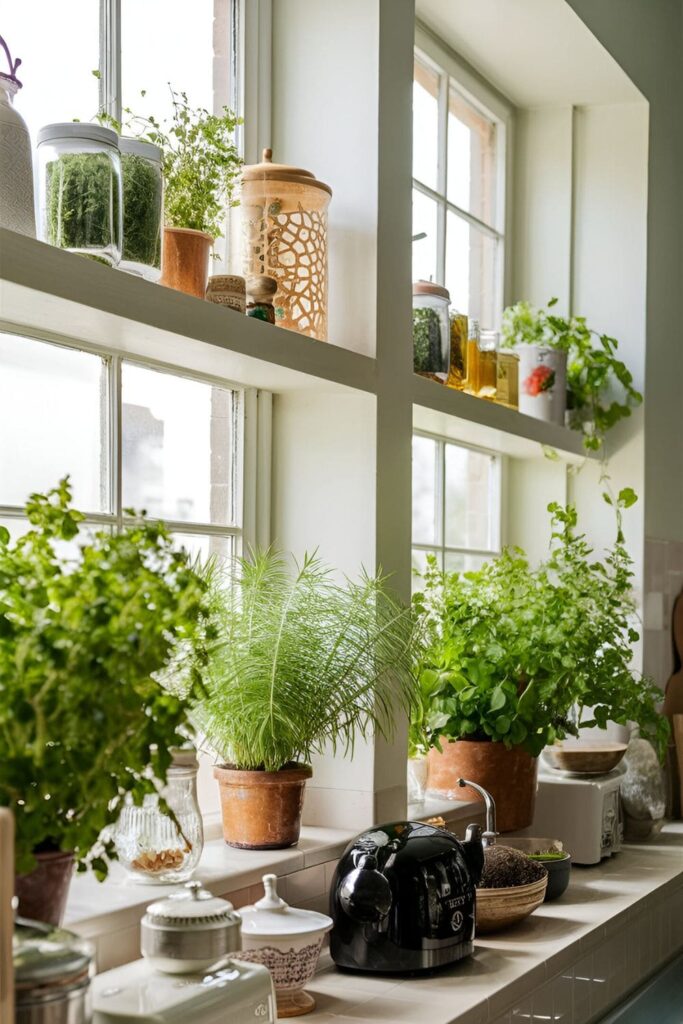 Bright kitchen with herbs, decorative jars, and small appliances placed on wide window sills filled with natural light