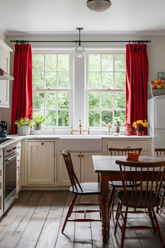 Bright kitchen with red curtains framing large windows, white cabinets, and a wooden dining table