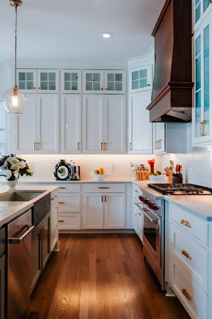 Bright kitchen with white cabinets and under-cabinet LED lighting