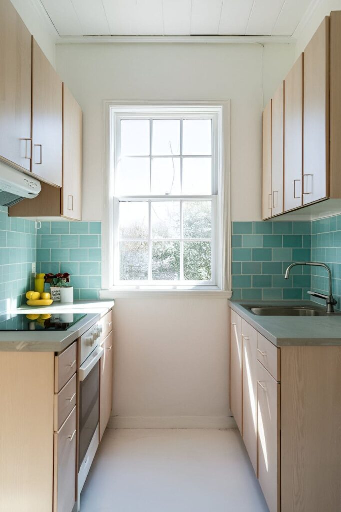 Bright, small kitchen featuring white walls, light beige cabinets, and a pastel blue backsplash. Sunlight illuminates the airy space through a window