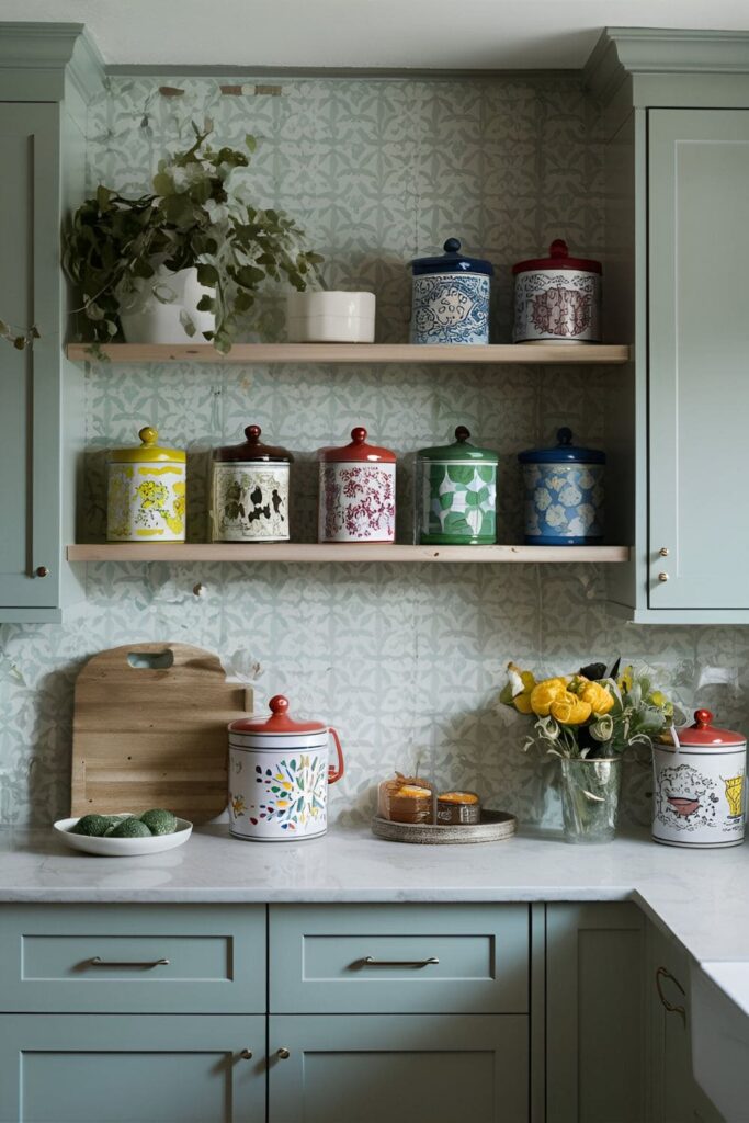 Brightly colored canisters used for storage and decoration above kitchen cabinets, adding a playful touch