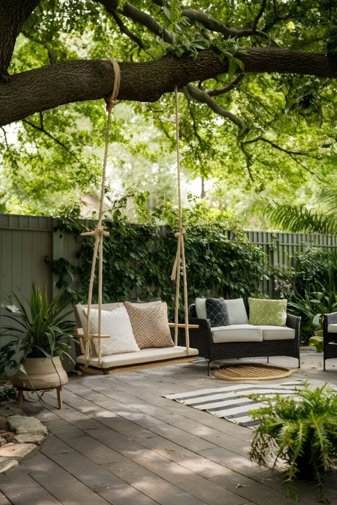 Charming tree swing hanging from a sturdy tree branch, with a wooden seat and rope, set in a lush backyard patio area